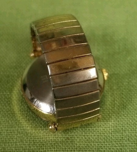 Visage Signed Black Enamel Quartz Vintage Expandable Band Ring Watch Gold Tone