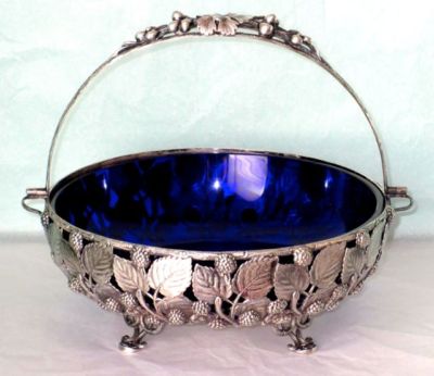 Berndorf Austria Antique Art Nouveau SP Bridal Basket Cobalt Blue Glass ca. 1880