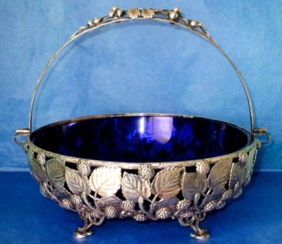 Berndorf Austria Antique Art Nouveau SP Bridal Basket Cobalt Blue Glass ca. 1880