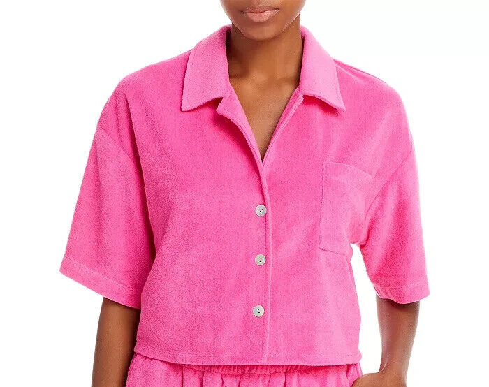 AQUA Cropped Terrycloth Shirt Women's M Pink Patch Pocket Collared Short Sleeve - Picture 1 of 12