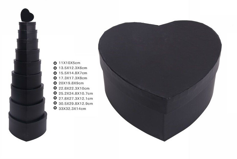 Set 10 Pezzi Scatole Box Per Regali Varie Misure Matrioska Forma Cuore Nero dfh
