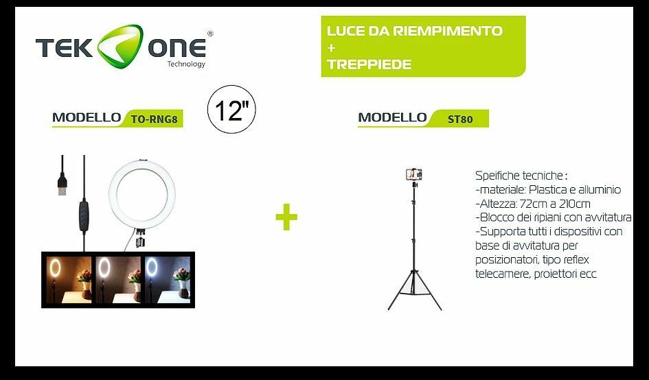 Luce Led Ad Anello Luminoso Per Selfie 12" Con Treppiedi Tekone To-ring8 hsb