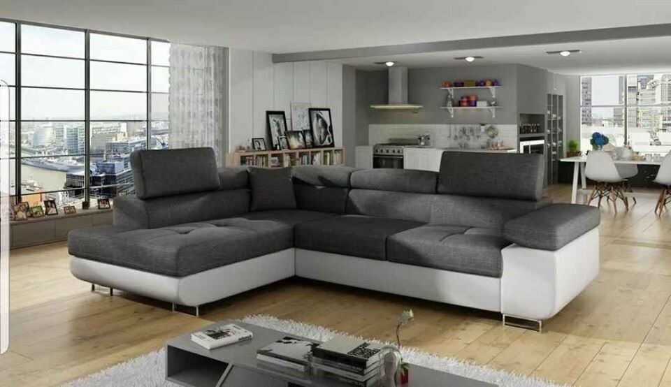 Sofa, Anton PU leather fabric corner sofa bed storage black grey white