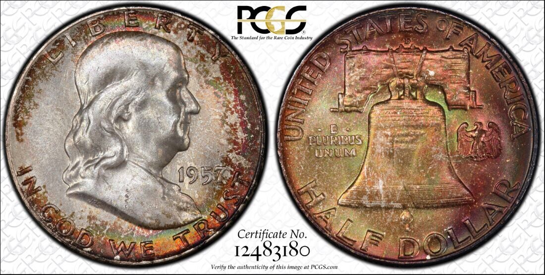 1957-D Franklin Half ~ PCGS MS65FBL ~ Rainbow Toned & TrueView!