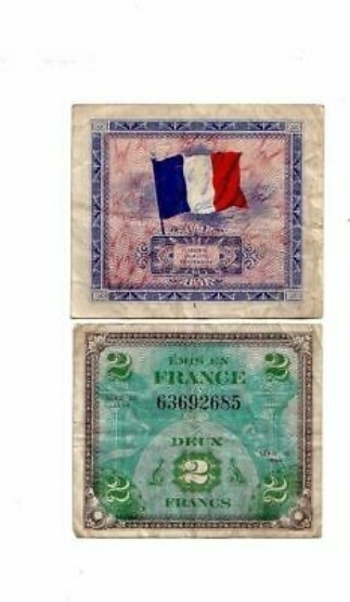 WWII Military MPC money for France 2 Francs WW2 1944 Genuine Vintage AMC