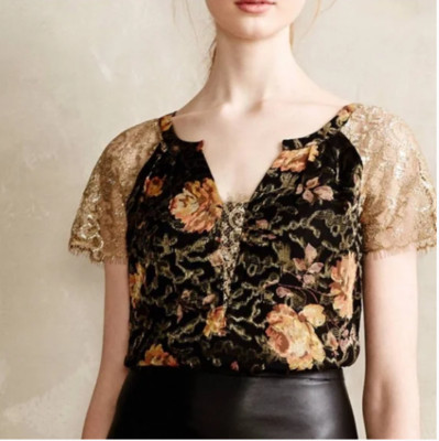 Anthropologie HD in Paris Cap Sleeve Size 2 Gold Lace Floral blouse