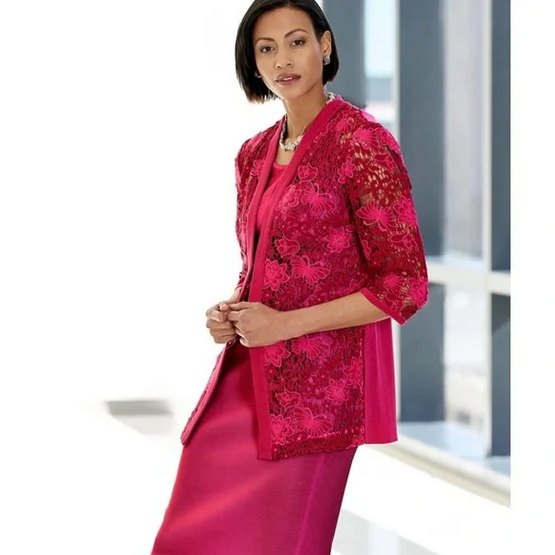 Ming Wang Women's Heritage Fit Floral Lace Hot Roselle Pink