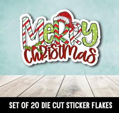 Merry Christmas Typography Red Green Die Cut Stickers Happy Mail -  Set of 20