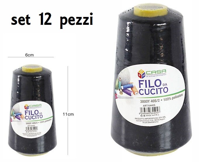 Set 12 Pz Filati A Cono Filo Poliestere Cucito 3000Y 40S/2 Nero 64405-2 dfh