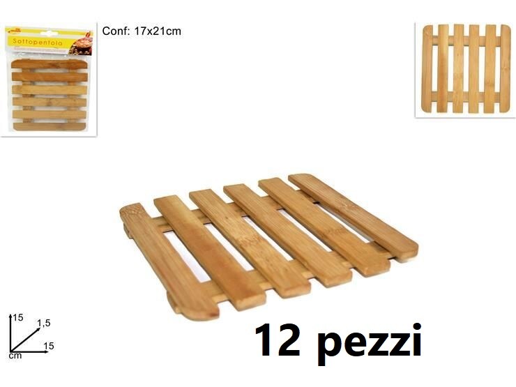 Set 12 Pezzi Sottopentola In Legno Bambù Base 15x15cm dfh