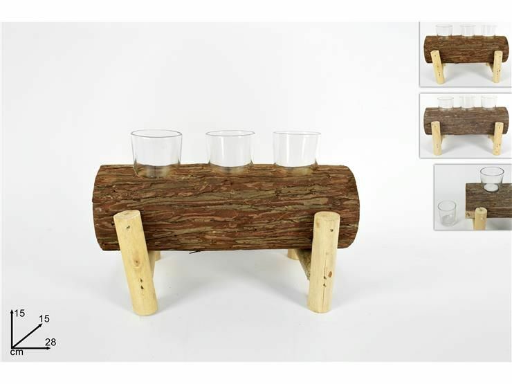 Tronco In Legno Con 3 Bicchierini Porta Candele Decorazione Casa dfh