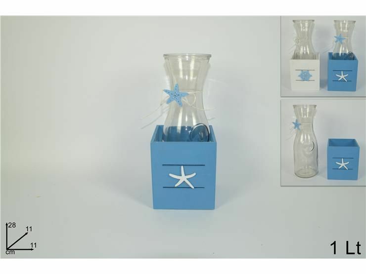 Cassetta In Legno Fantasia Marina Con Caraffa Brocca In Vetro Da 1Lt dfh