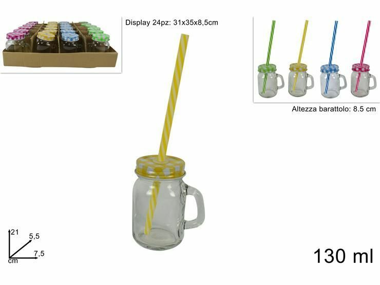 Set 24 Pezzi Bicchieri Barattoli In Vetro Con Cannuccia 130ml dfh
