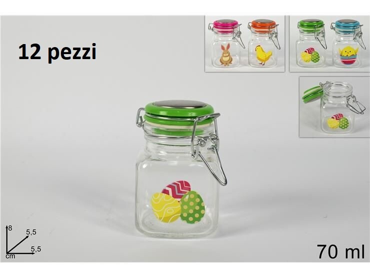 Set 12 Pezzi Barattolo Barattolino Tappo Ermetico Decorato Pasqua 70ml Vetro dfh