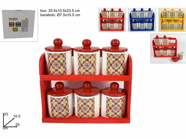 Set 6 Barattoli Ceramica Decorata Fantasia Maiolica Con Espositore dfh