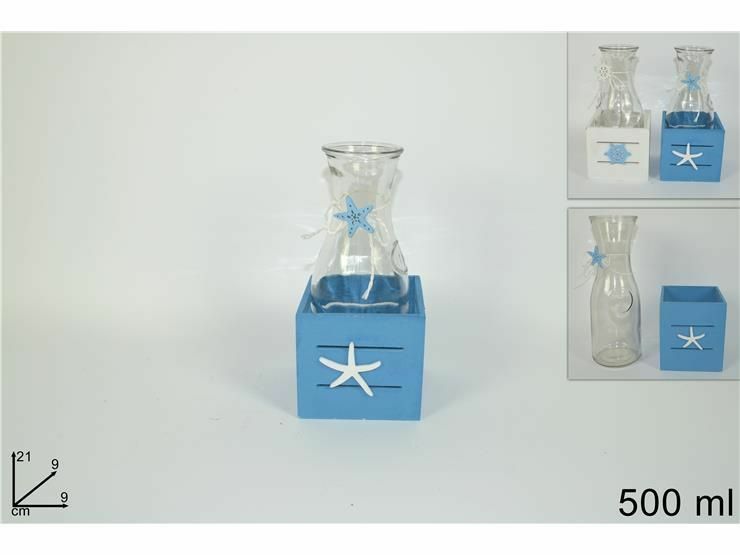 Cassetta In Legno Fantasia Marina Con Caraffa Brocca In Vetro Da 500ml dfh