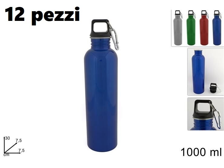 Set 12 Pz Bottiglia Borraccia Alluminio 1000ml Sport Scuola Moschettone dfh