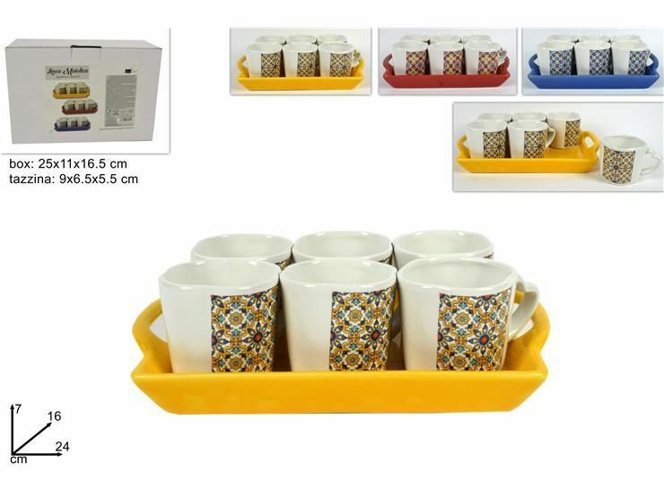 Set 6 Tazzine Tazze Servizio Tè Caffè Con Vassoio Decoro Maiolica dfh