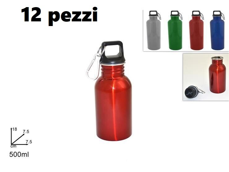 Set 12 Pz Bottiglia Borraccia Alluminio 500ml Sport Scuola Moschettone dfh