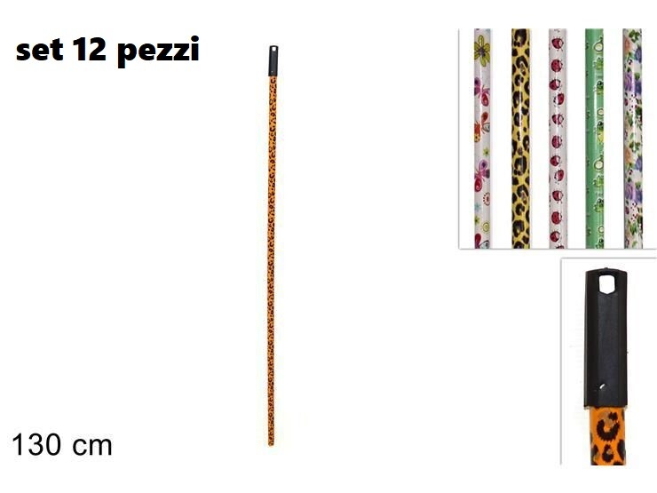 Set 12 Pezzi Bastone Manico In Legno Plastificato Fantasia Per Scopa 130cm dfh