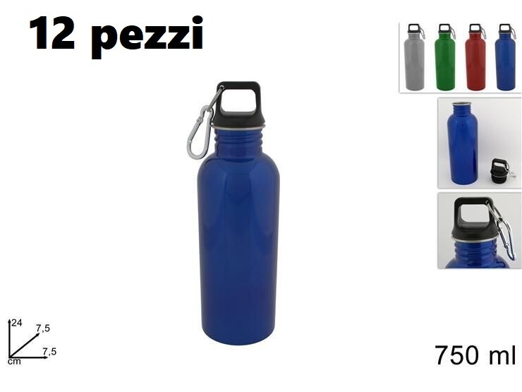 Set 12 Pz Bottiglia Borraccia Alluminio 750ml Sport Scuola Moschettone dfh