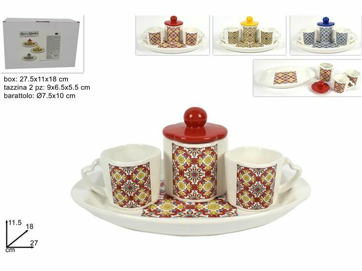 Set 2 Tazzine Tazze Servizio Tè Caffè Con Barattolo Vassoio Decoro Maiolica dfh