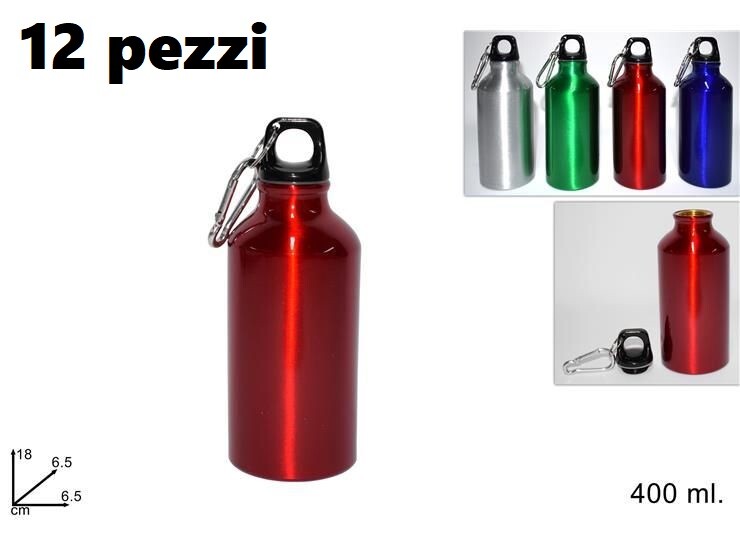 Set 12 Pz Bottiglia Borraccia Alluminio 400ml Sport Scuola Moschettone dfh