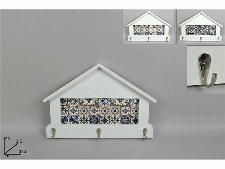AppendiAbiti Attaccapanni Casetta 3 Ganci Legno Bianco Con Maioliche dfh