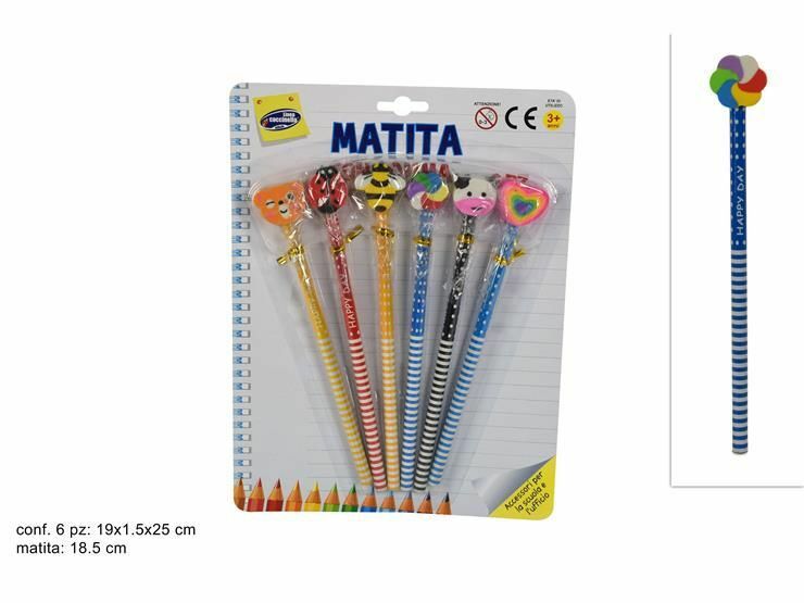 Set 6 Pezzi Matite Con Gommino Gomma Animali Colorati Bambini Scuola dfh