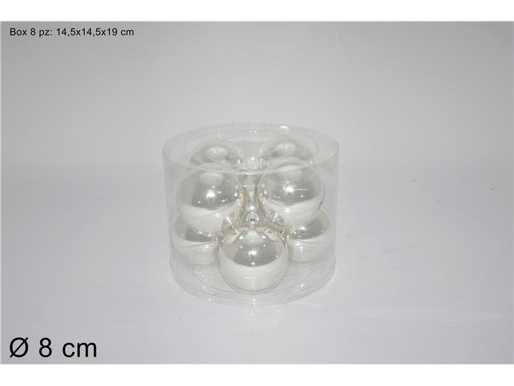 8 Palle Vetro Diametro 8cm Lucide Silver Decorazione Albero Natale dfh