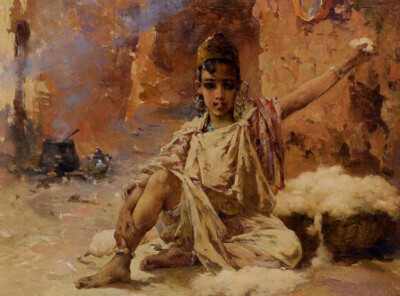 Oil painting Marie Aimme Eliane Lucas Robiquet - THE CO Spinning wool arab girl