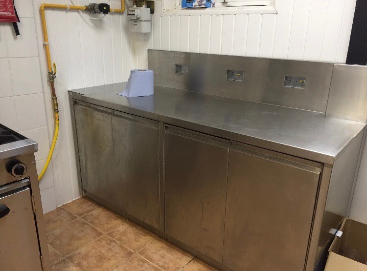 Commercial Kitchen Stainless Steel work surface with cupboards