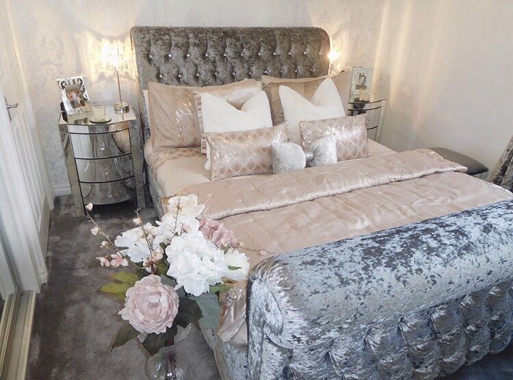 SILVER CRUSHED VELVET DIAMANTÉ DOUBLE BED FRAME in Lennoxtown