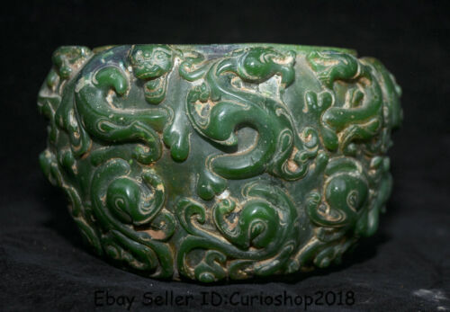 7" Rare Old Chinese Natural Green Jade Carved Dynasty Dragon Beast Pot Jar Crock