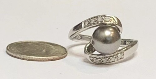 VINTAGE 14K White GOLD 8.4 MM TAHITIAN PEARL  DIAMOND COCKTAIL RING SIZE 7