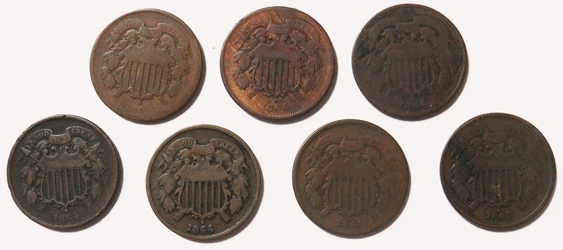 (7 ) 1864 UNITED STATES 2 CENTS CIRCULATED COIN LOT