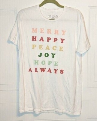 Merry Happy Peace Joy hope always spellout crew neck T-shirt sz large Fifth Sun