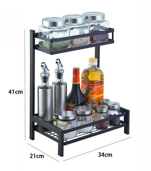 Rack Porta Oggetti Barattoli Organizer Cucina 2 Ripiani Metallo Nero dfh