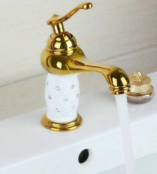 Bagno Lavandino Lavabo Miscelatore Rubinetto Basso Dorato Bianco Diamantato dfh
