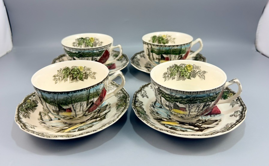 Johnson Bros Friendly Village The Ice House Coffee Tea Cups & Saucers Set of 4