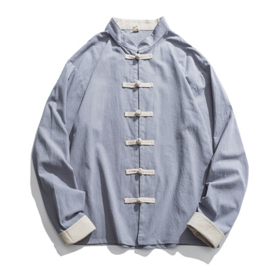 Men Stand Up Collar Button Up Open Tops Shirt Chinese Style Retro Loose Jacket