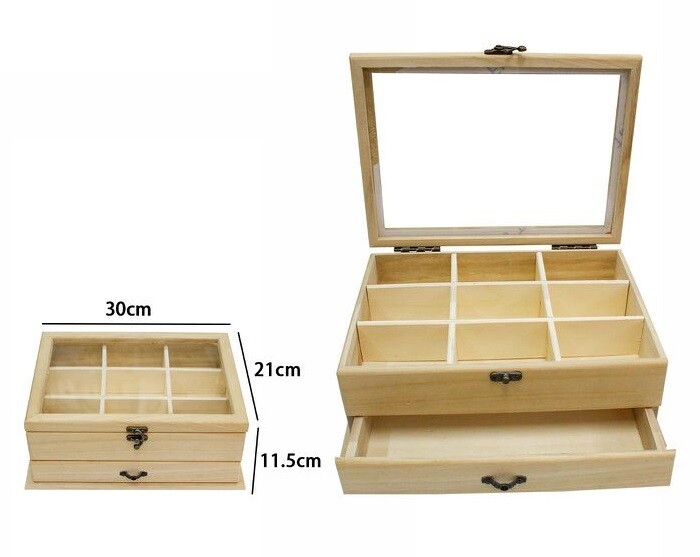 Scatola Portagioie In Legno Con Bacheca 9 Posti Vetrina E Cassetto Decoupage dfh