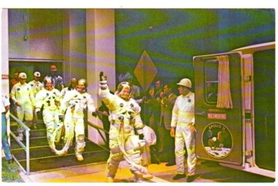 1970's Kennedy Space Center, NASA postcard: Apollo 11 crew going to van [356