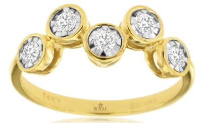 ESTATE .25CT DIAMOND 14KT YELLOW GOLD 3D ROUND 5 STONE BEZEL ZIG ZAG FUN RING