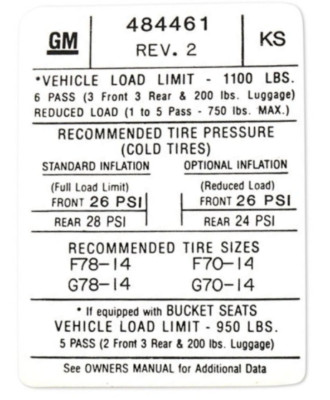 Reproduction Tire Pressure Decal For 1972 Pontiac GTO and LeMans Models
