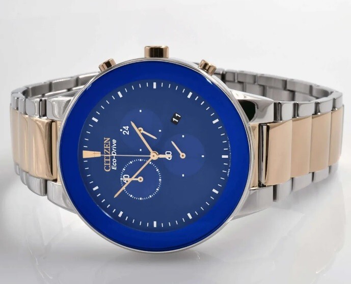 Pre-owned Citizen Eco-drive At2244-84l Blue Analog Two-tone Rose Gold Solar Men's Watch