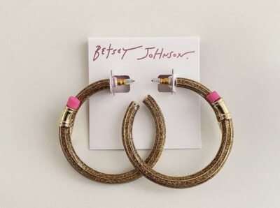 Betsey Johnson Book Smart Gold Tone Glitter Enamel Pencil Hoop Earrings NWT