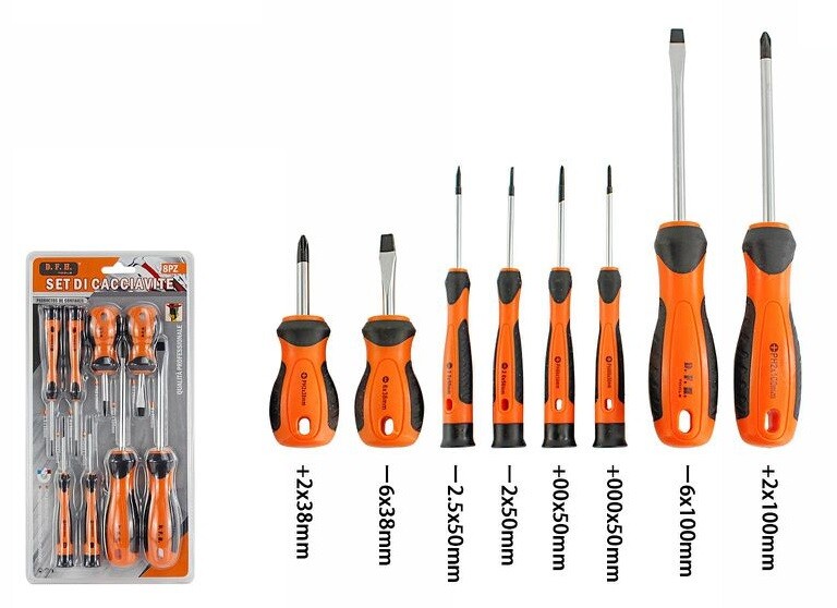 Set Kit 8 Pezzi Cacciaviti Croce Taglio Stella Varie Misure Fai da Te dfh