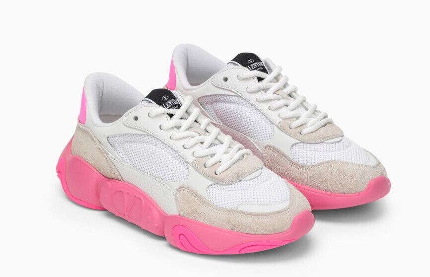 Pre-owned Valentino Garavani Bubbleback Mesh & Suede Chunky Sneakers White Fuchsia Us 9 42