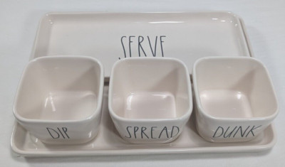 Rae Dunn 5 Piece Stoneware Serving Set Spread Dip Dunk Serve Tray & Dip Bowls